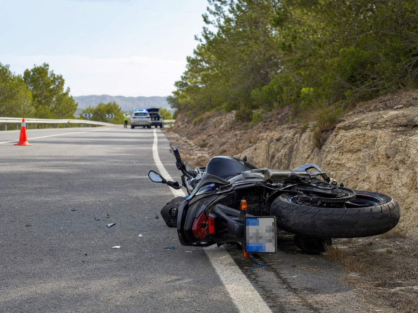 Motocicleta accidentada en carretera española