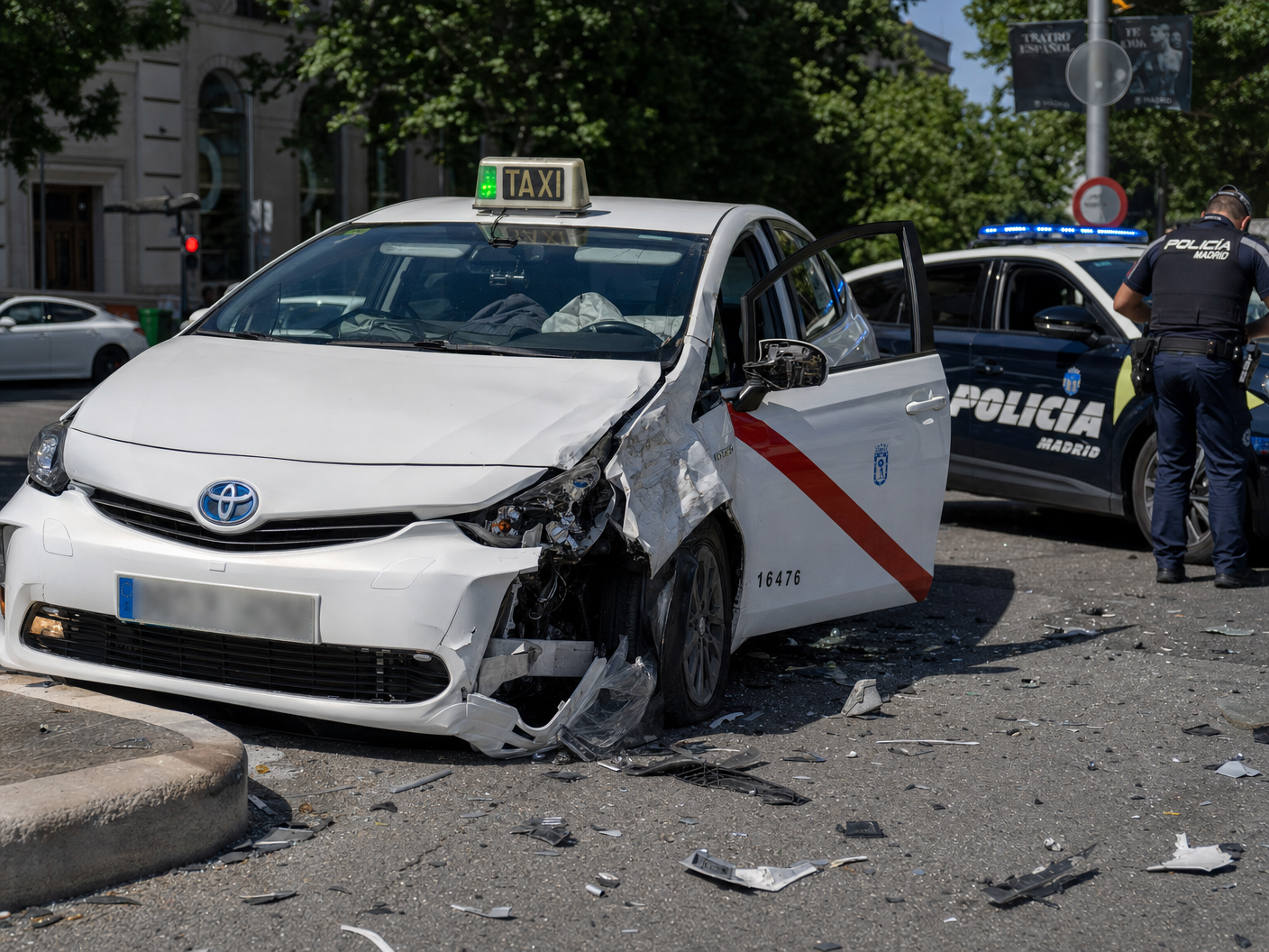 Taxi accidentado en calle de ciudad española